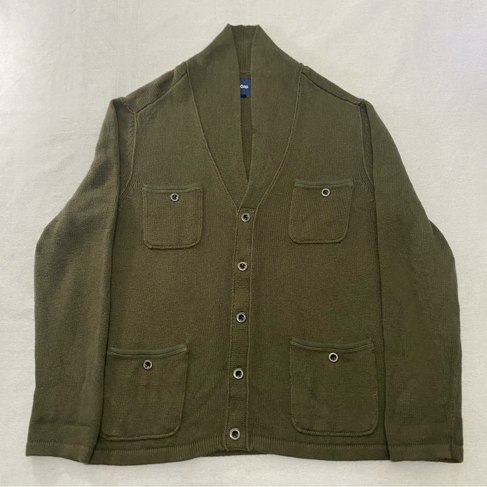 Gap Button Front Cardigan Women’s Size XL Linen Blend Front Pockets Olive Green